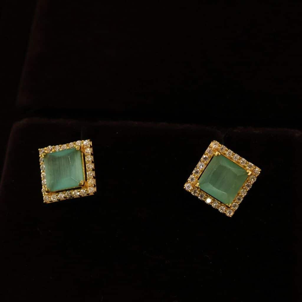 22KT Gold Stone Stud Earrings with Moonstone & Zircon (HUID Hallmarked) – 3.13g