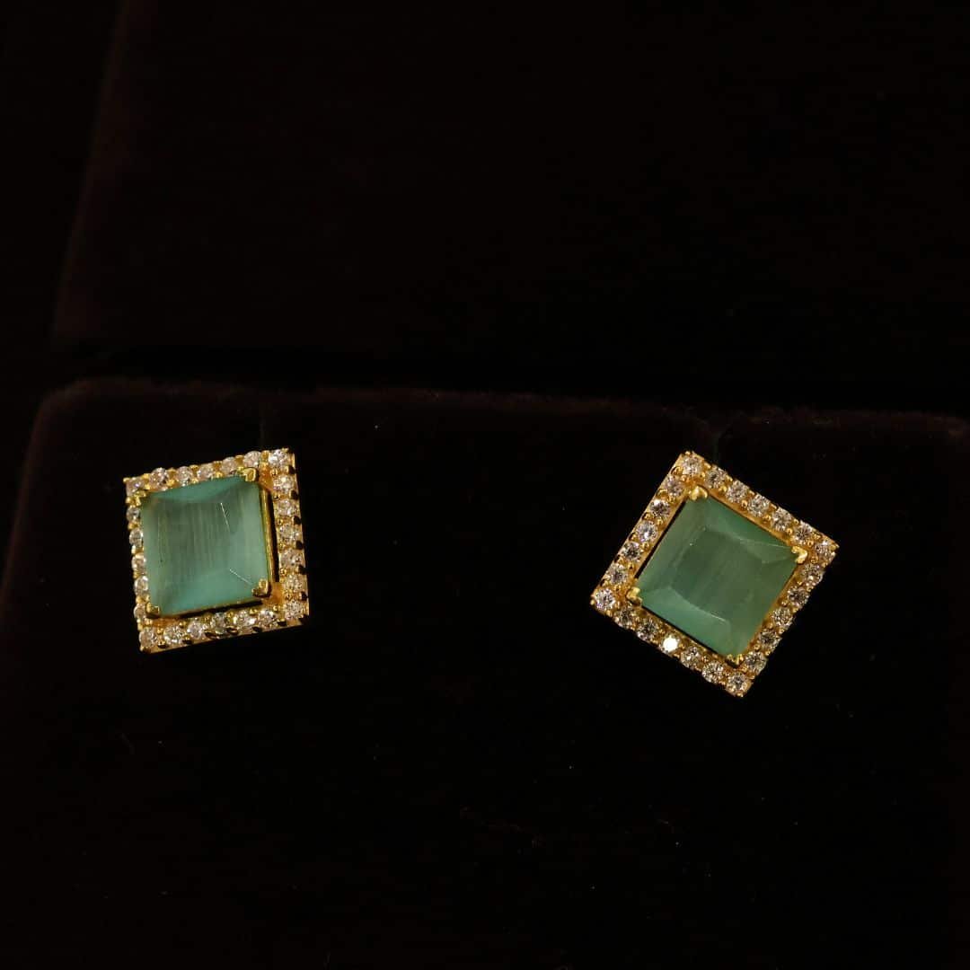 22KT Gold Stone Stud Earrings with Moonstone & Zircon (HUID Hallmarked) – 3.13g