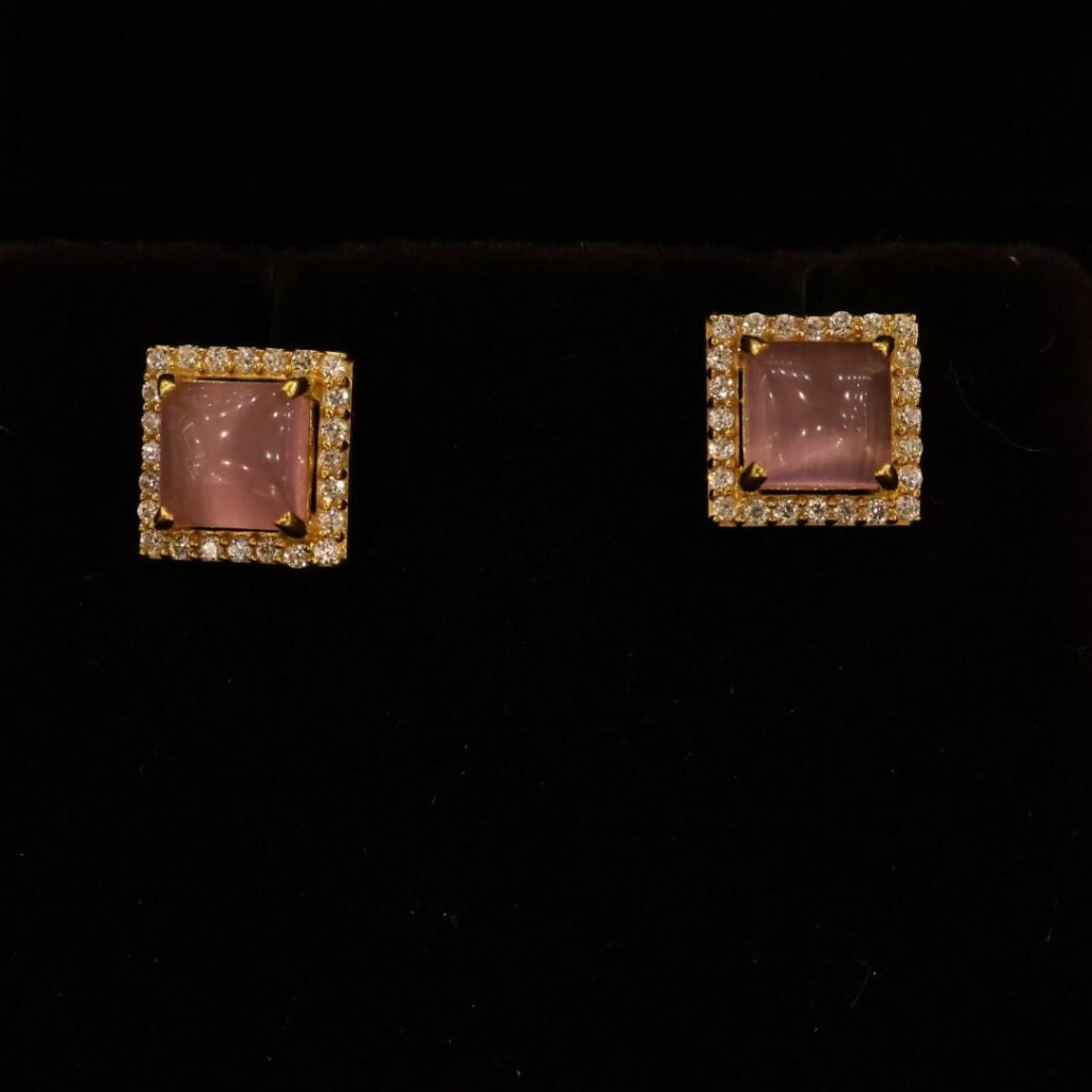 22KT Gold Stone Stud Earrings with Moonstone & Zircon (HUID Hallmarked) – 3.37g