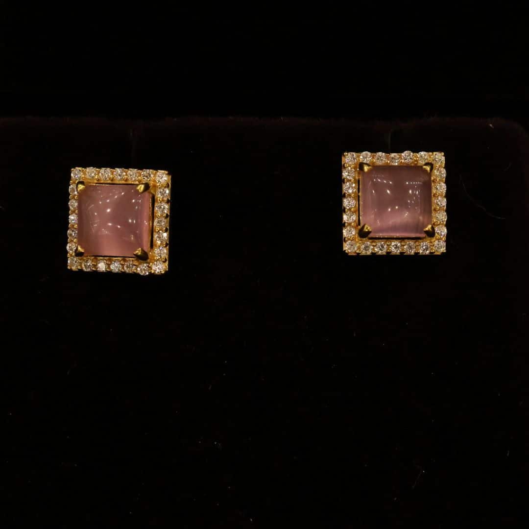 22KT Gold Stone Stud Earrings with Moonstone & Zircon (HUID Hallmarked) – 3.37g