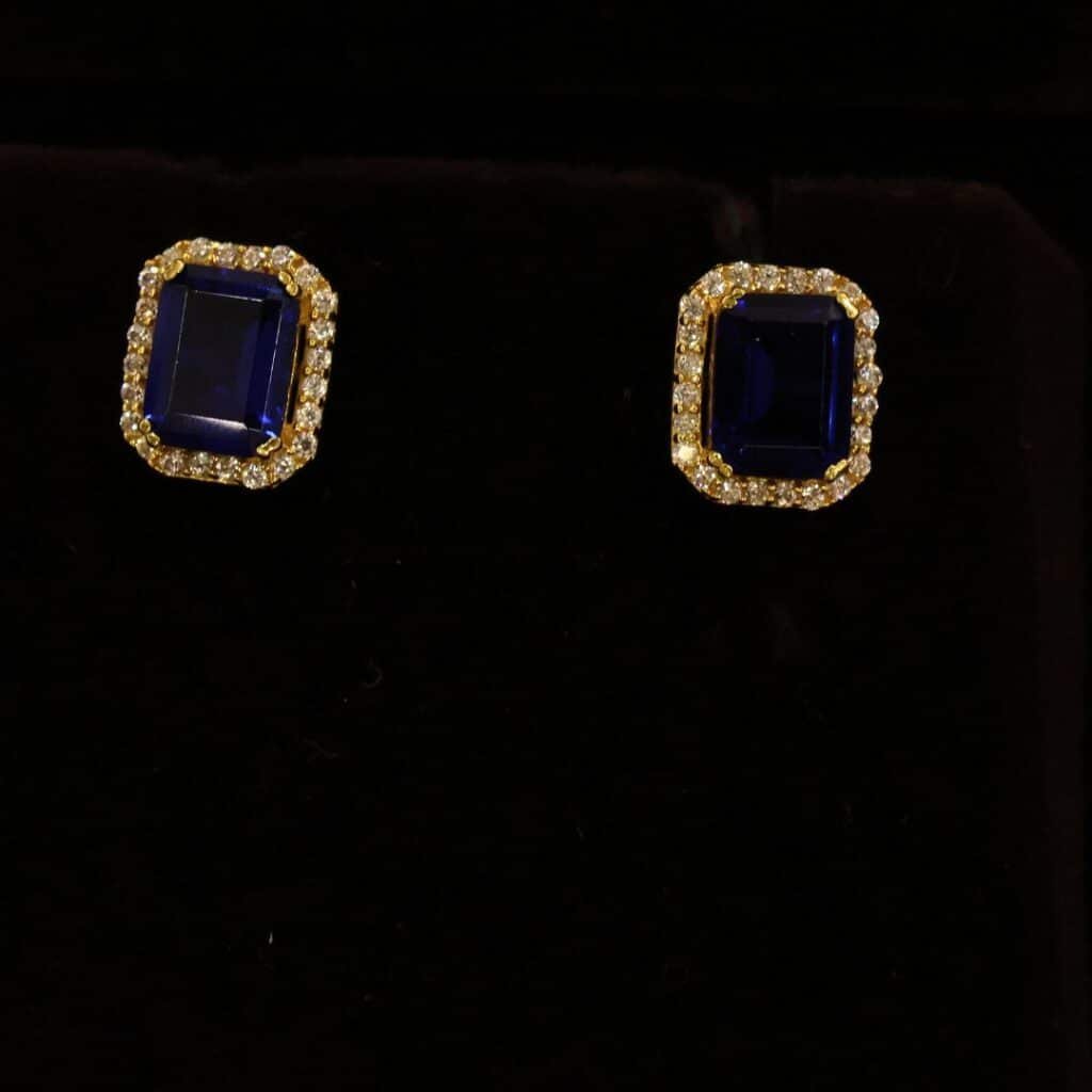 22KT Gold Stone Stud Earrings with Blue Sapphire & Zircon (HUID Hallmarked) – 3.44g