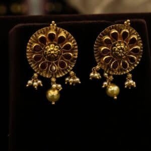 22KT Gold Nellore Design Stud Earrings with Ruby & Pearl Drops (HUID Hallmarked) – 11.46g