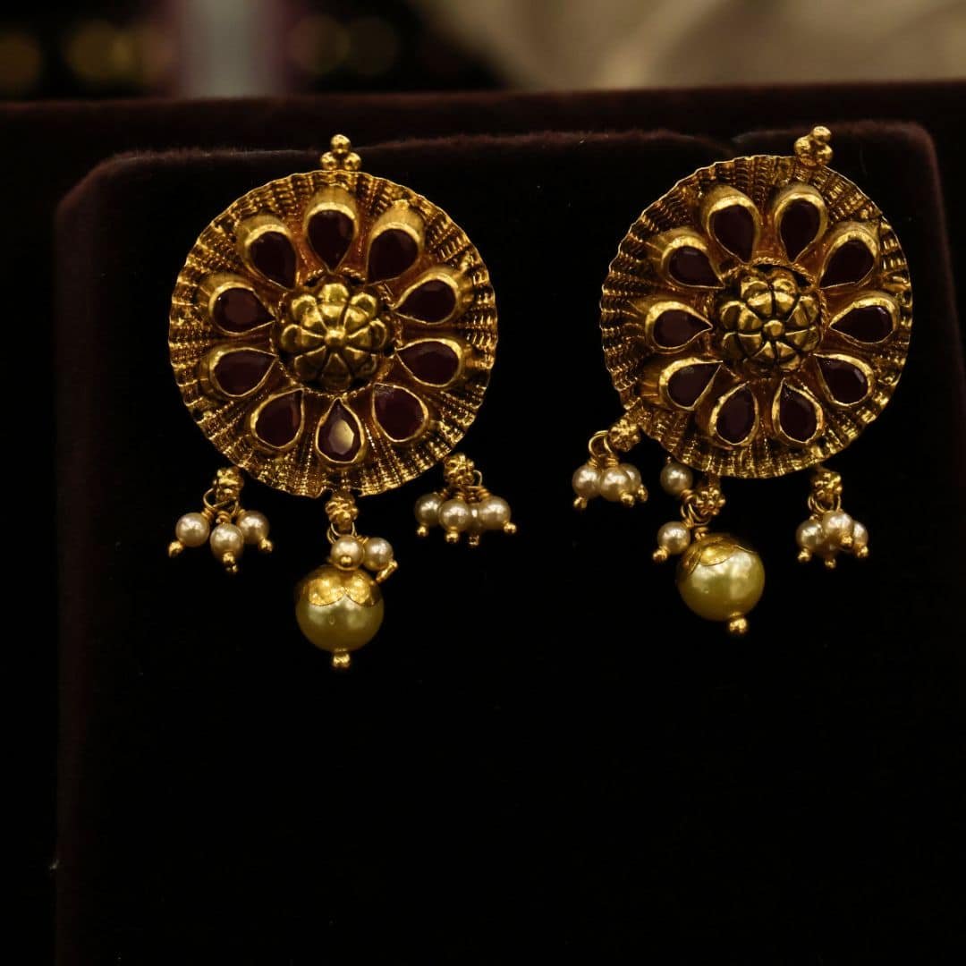 22KT Gold Nellore Design Stud Earrings with Ruby & Pearl Drops (HUID Hallmarked) – 11.46g
