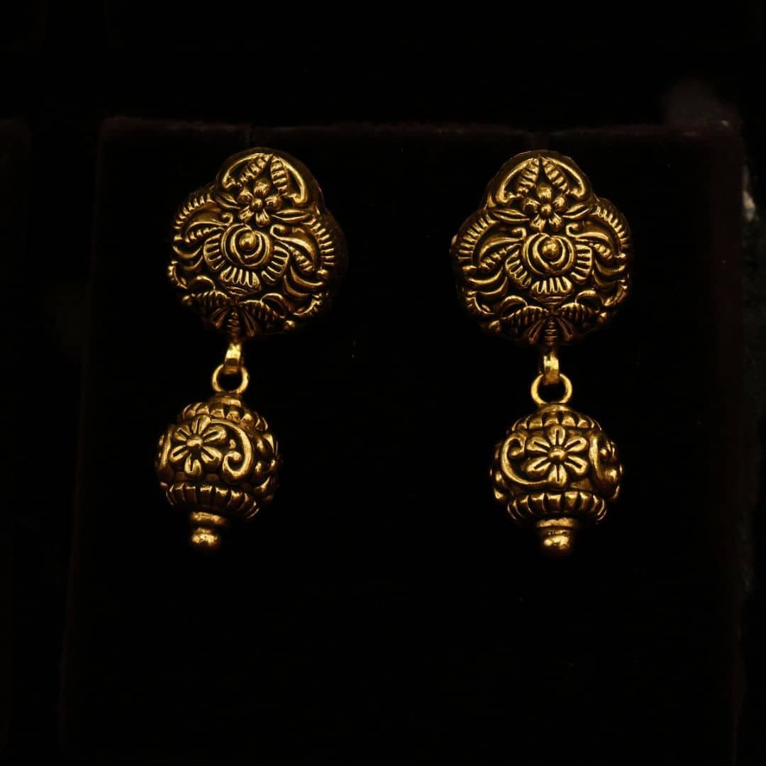 22KT Gold Antique Electro Beads Nagas Design Stud Earrings (HUID Hallmarked) – 7.16g