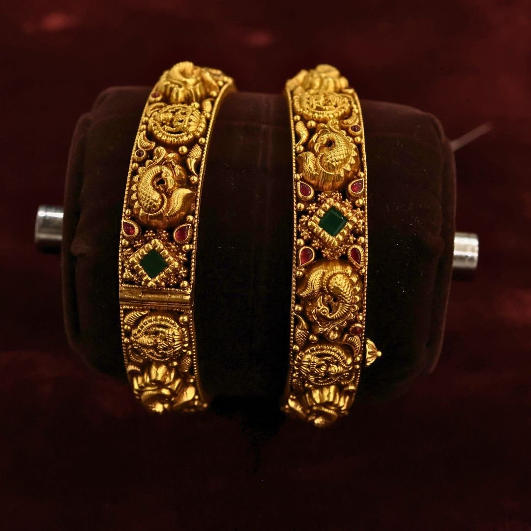 22KT Antique Gold Bangles with Screw Design (HUID Hallmarked) – 40.45g