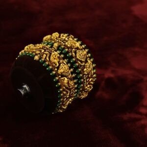 22KT Nagas Gold Embossed Bridal Screw Bangles with Green Beads (HUID Hallmarked) – 58.06g