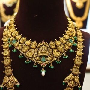 22KT Deep Nagas Gold Hara & Necklace Set with Green Beads & Pearl Work (HUID Hallmarked) – 104.96g