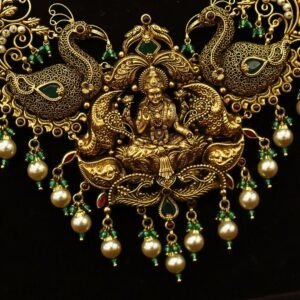 22KT Nagas Gold Hara with Lakshmi Pendant, Peacock & Pearl Work (HUID Hallmarked) – 86.81g