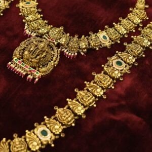 22KT Nagas Bridal Gold Set (Hara, Necklace & Jhumka) with Red & Pearl Work (HUID Hallmarked) – 115.61g