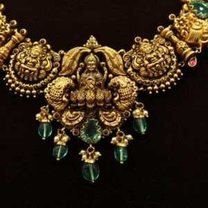 22KT Antique Gold Necklace with Lakshmi Pendant, Pearl & Green Beads Work (HUID Hallmarked) – 26.47g