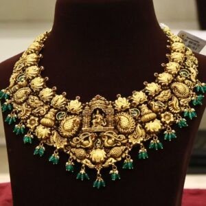 22KT Antique Nakas Bridal Set (Necklace, Jhumka & Nettichutti) with Pearl & Green Beads (HUID Hallmarked) – 86.85g