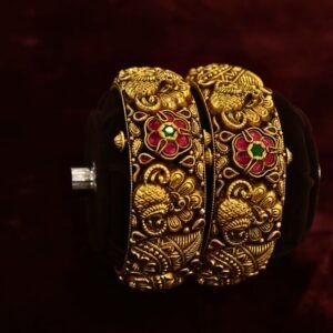 22KT Antique Gold Kundan Stone Screw Bangles (HUID Hallmarked) – 72.89g