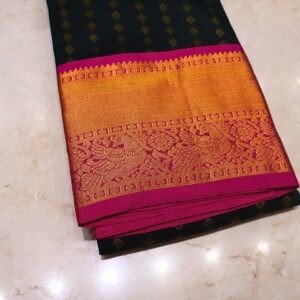 Kanchipuram Silk Saree – Black Body with Pink Zari Border (Premium Wedding Collection)