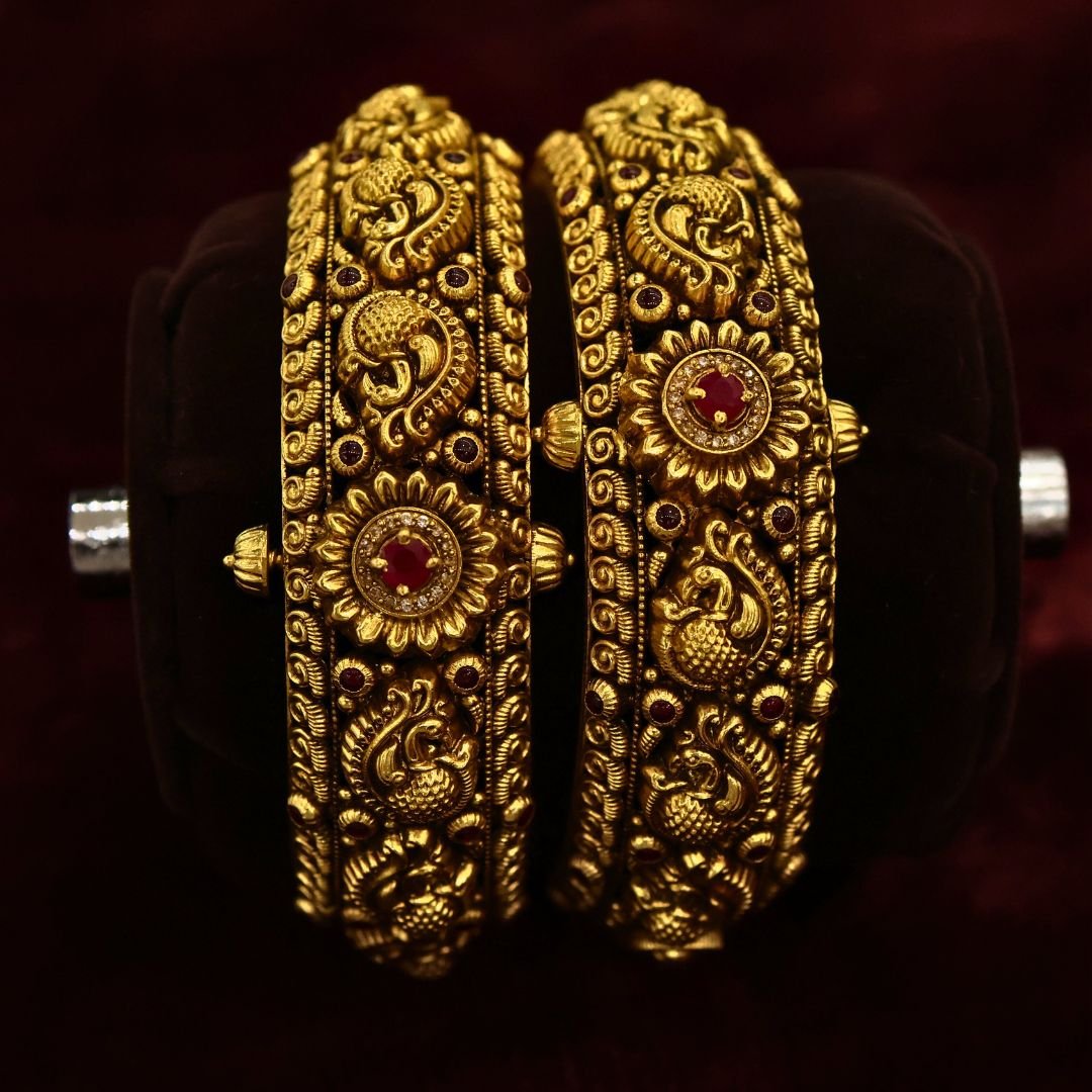22KT Nagas Gold Peacock Work Screw Bangles (HUID Hallmarked) – 62.49g