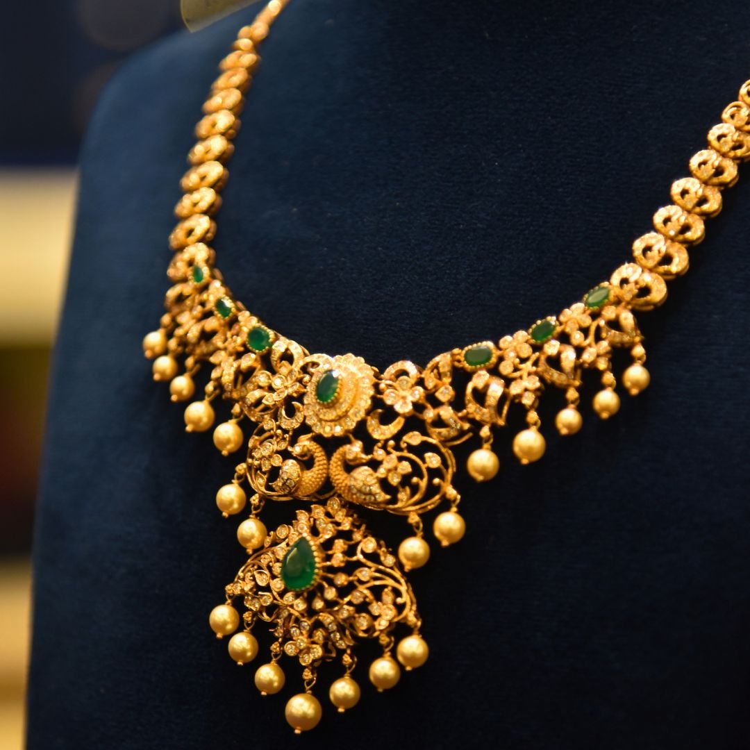 18KT Diamond Necklace with Emerald & Pearl Detailing (Luxury Bridal Collection) – 39.40g