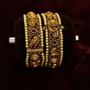 22KT Nagas Gold Pearl & Ruby Layered Screw Bangles (HUID Hallmarked) – 56.27g