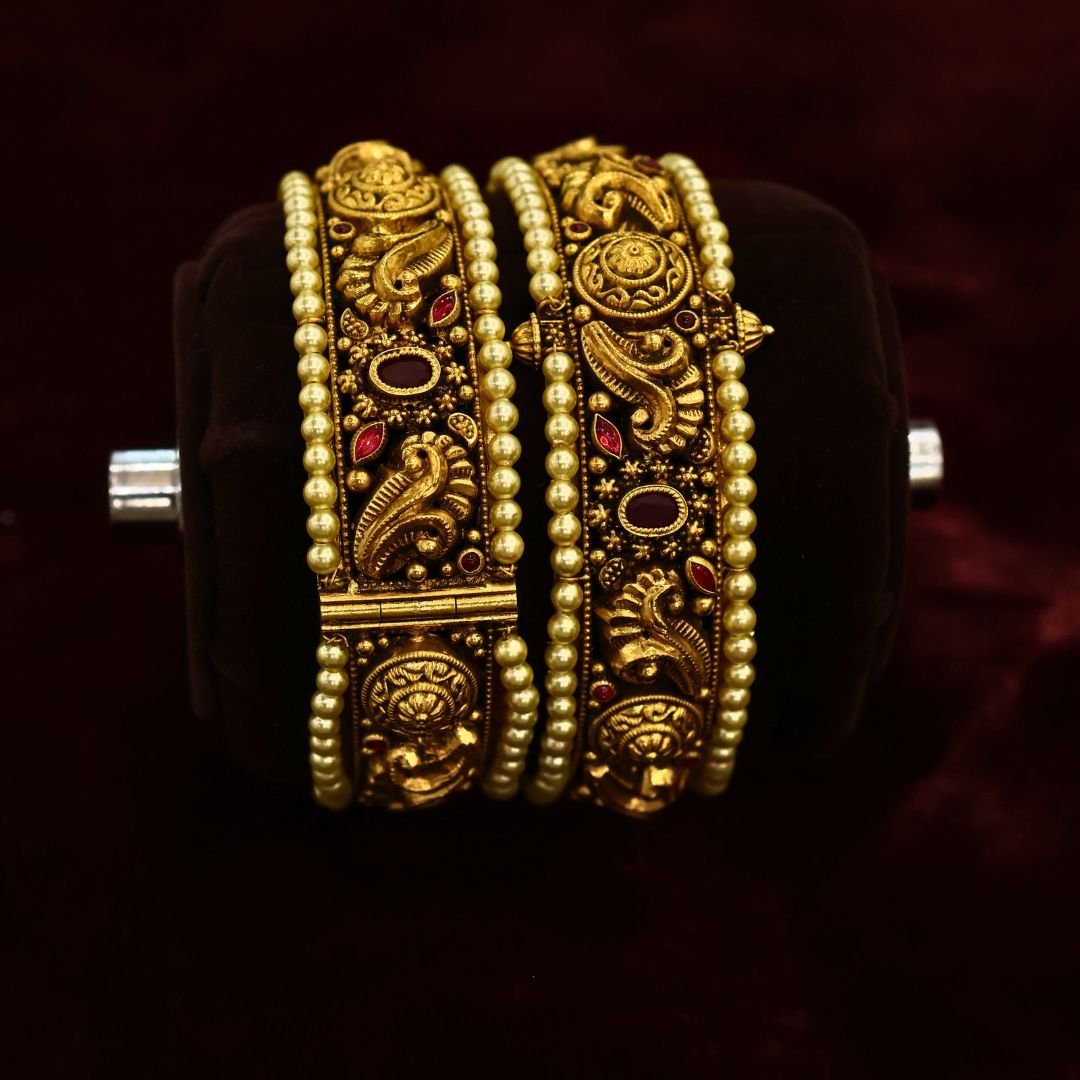 22KT Nagas Gold Pearl & Ruby Layered Screw Bangles (HUID Hallmarked) – 56.27g