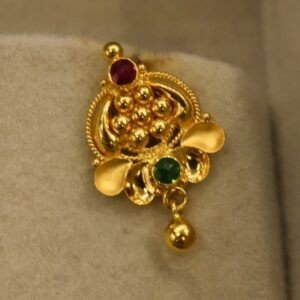 22KT Gold Small Stud Earrings – Bombay Design with Red & Green Stones (HUID Hallmarked) – 2.15g