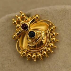 22KT Gold Plain Stud Earrings – Bombay Work with Red & Green Stones (HUID Hallmarked) – 2.14g