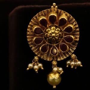 22KT Gold Nellore Design Stud Earrings with Ruby & Pearl Drops (HUID Hallmarked) – 11.46g