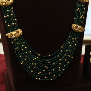 22KT Antique Gold Crystal Beads Layered Hara & Green Stone Necklace Set (HUID Hallmarked) – 75.16g