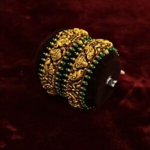 22KT Nagas Gold Embossed Bridal Screw Bangles with Green Beads (HUID Hallmarked) – 58.06g