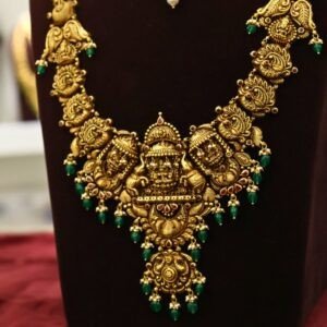 22KT Deep Nagas Gold Hara & Necklace Set with Green Beads & Pearl Work (HUID Hallmarked) – 104.96g