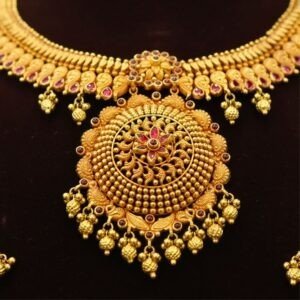 22KT Temple Work Antique Gold Hara with Ruby Polish (HUID Hallmarked) – 104.96g