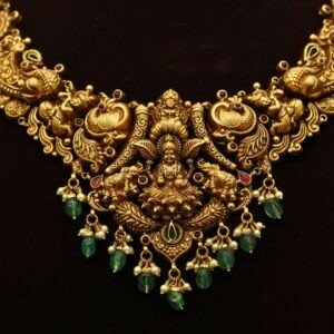 22KT Nakas Gold Necklace with Lakshmi Pendant, Green Beads & Pearl Work (HUID Hallmarked) – 25.45g