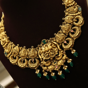 22KT Antique Nakas Gold Necklace & Jhumka Set with Ruby & Green Beads (HUID Hallmarked) – 59.17