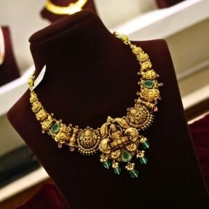 22KT Antique Gold Necklace with Lakshmi Pendant, Pearl & Green Beads Work (HUID Hallmarked) – 26.47g