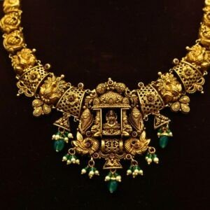 22KT Antique Nakas Gold Necklace with Pearl & Green Beads (HUID Hallmarked) – 23.28g