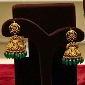 22KT Antique Nakas Bridal Set (Necklace, Jhumka & Nettichutti) with Pearl & Green Beads (HUID Hallmarked) – 86.85g