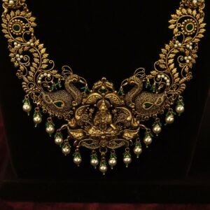 22KT Antique Gold Bridal Hara Set with Deep Work, Pearl & Green Beads (HUID Hallmarked) – 86.57g