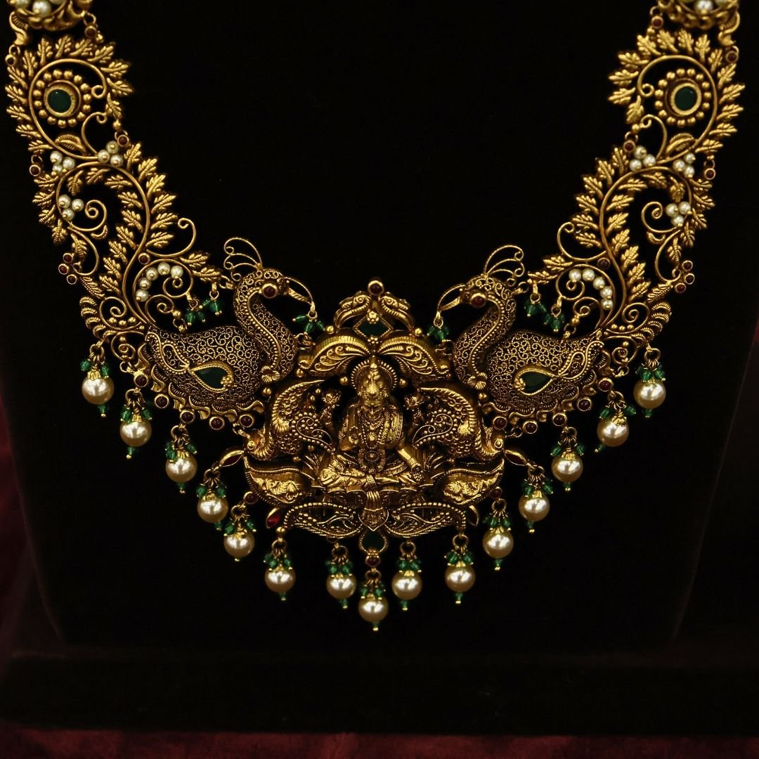 22KT Antique Gold Bridal Hara Set with Deep Work, Pearl & Green Beads (HUID Hallmarked) – 86.57g