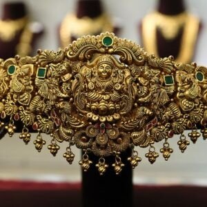 22KT Nagas Gold Waistband (Vaddanam) with Green Stone, Pearl & Gold Ball Work (HUID Hallmarked) – 87.09g
