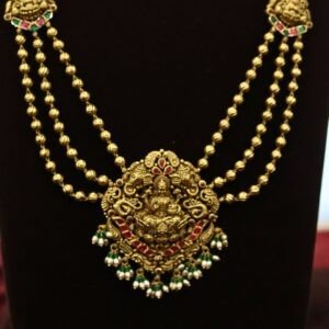 22KT Antique Gold 3-Layer Hara & Necklace Set with Lakshmi Pendant (HUID Hallmarked) – 83.96g