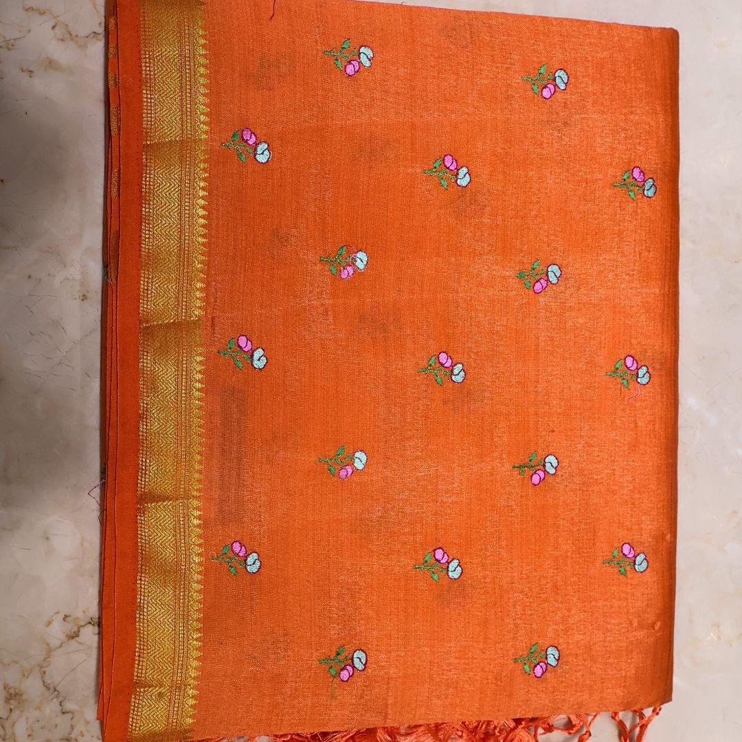 Tussar Silk Embroidery Work Saree – Orange with Floral Butta Design (Budget Festive Collection)