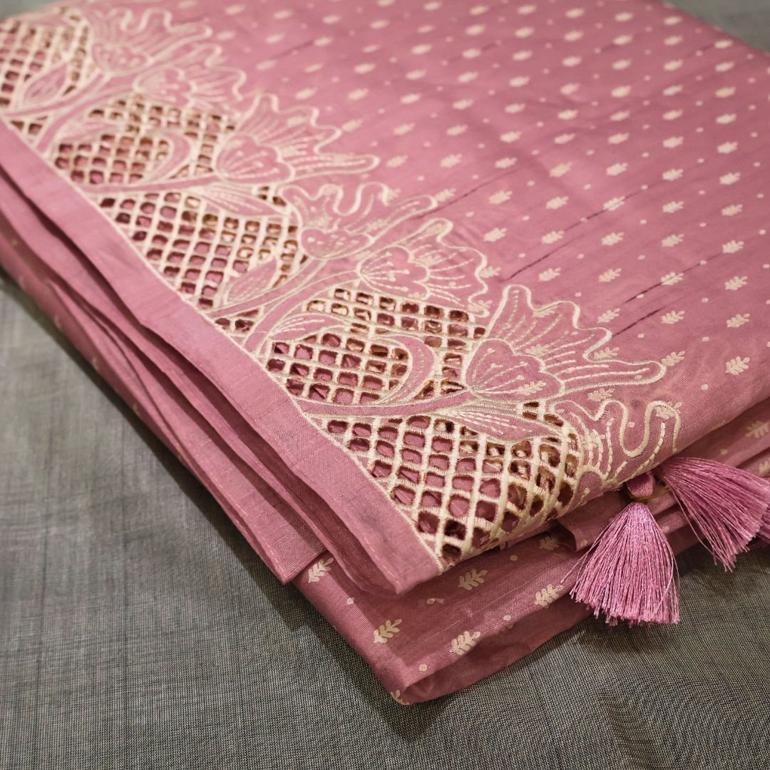 Tussar Silk Cutwork Saree – Dusty Pink with Designer Border (Elegant Festive Collection)