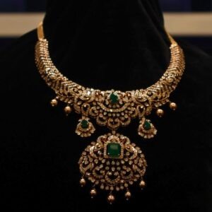 14KT Diamond Necklace with Emerald Stones (Luxury Bridal Collection) – 47.35g