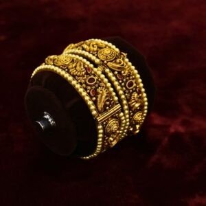 22KT Nagas Gold Pearl & Ruby Layered Screw Bangles (HUID Hallmarked) – 56.27g