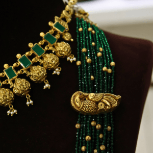 22KT Antique Gold Crystal Beads Layered Hara & Green Stone Necklace Set (HUID Hallmarked) – 75.16g