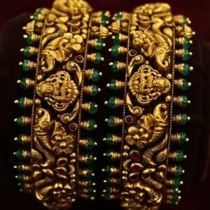 22KT Nagas Gold Embossed Bridal Screw Bangles with Green Beads (HUID Hallmarked) – 58.06g