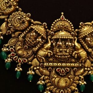 22KT Deep Nagas Gold Hara & Necklace Set with Green Beads & Pearl Work (HUID Hallmarked) – 104.96g