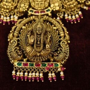 22KT Nagas Bridal Gold Set (Hara, Necklace & Jhumka) with Red & Pearl Work (HUID Hallmarked) – 115.61g