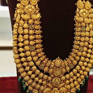 22KT Antique Gold 5-Layer Hara & Choker Set with Broad Lakshmi Pendant (HUID Hallmarked) – 182.32g