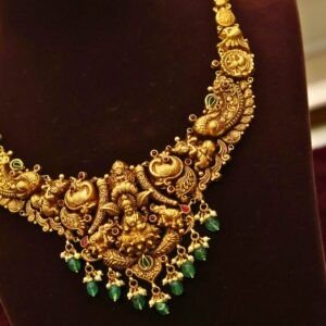 22KT Nakas Gold Necklace with Lakshmi Pendant, Green Beads & Pearl Work (HUID Hallmarked) – 25.45g