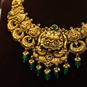 22KT Antique Nakas Gold Necklace & Jhumka Set with Ruby & Green Beads (HUID Hallmarked) – 59.17