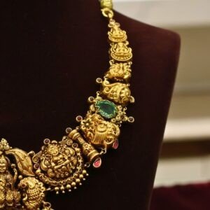 22KT Antique Gold Necklace with Lakshmi Pendant, Pearl & Green Beads Work (HUID Hallmarked) – 26.47g