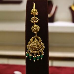 22KT Antique Nakas Bridal Set (Necklace, Jhumka & Nettichutti) with Pearl & Green Beads (HUID Hallmarked) – 86.85g